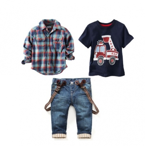Children's clothing sets for spring Baby boy suit Long sleeve plaid shirts+car printing t-shirt+jeans 3pcs suit set