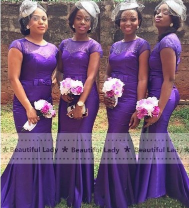 High Quality Mermaid Bridesamid Dress 2016 Short Sleeve Floor Length Beaded Sheer  Long African Bridesmaid Dresses Cheap