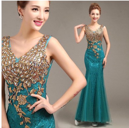 Lace Prom Dresses 2016 Double-Shoulder V Neck Mermaid Beading Prom Party Dress Hot Sale