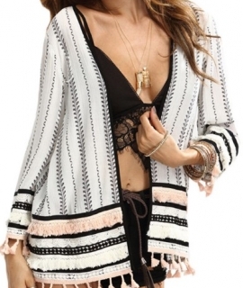 Womens Tops For Summer Ladies Multicolor Long Sleeve Black and White Print Open-Front Tassel Casual Kimono