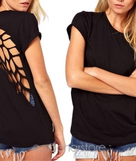 Summer Hot T-shirts Angel Wings Short Sleeve 0-Neck Women Casual Shirts Backless Casual Tops Black White Plus Size S-XXXL