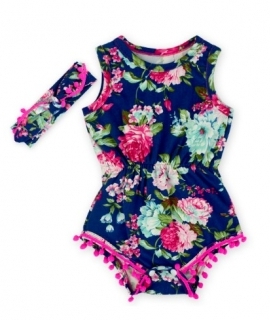 Navy Blue Pink Hot Pink  Flower Pom Rompers For baby girls shabby chic romper, baby play suit, baby