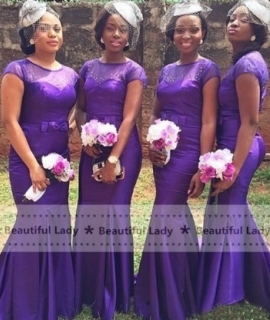 High Quality Mermaid Bridesamid Dress 2016 Short Sleeve Floor Length Beaded Sheer  Long African Bridesmaid Dresses Cheap