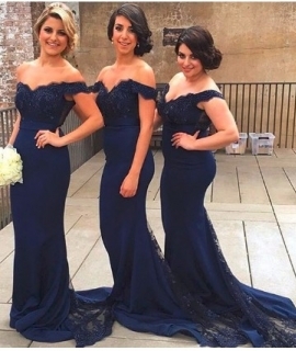 fashion navy blue mermaid bridesmaids dress 2016 new cap sleeves appliques lace weedding guest dress for party