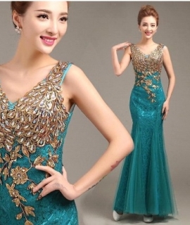 Lace Prom Dresses 2016 Double-Shoulder V Neck Mermaid Beading Prom Party Dress Hot Sale
